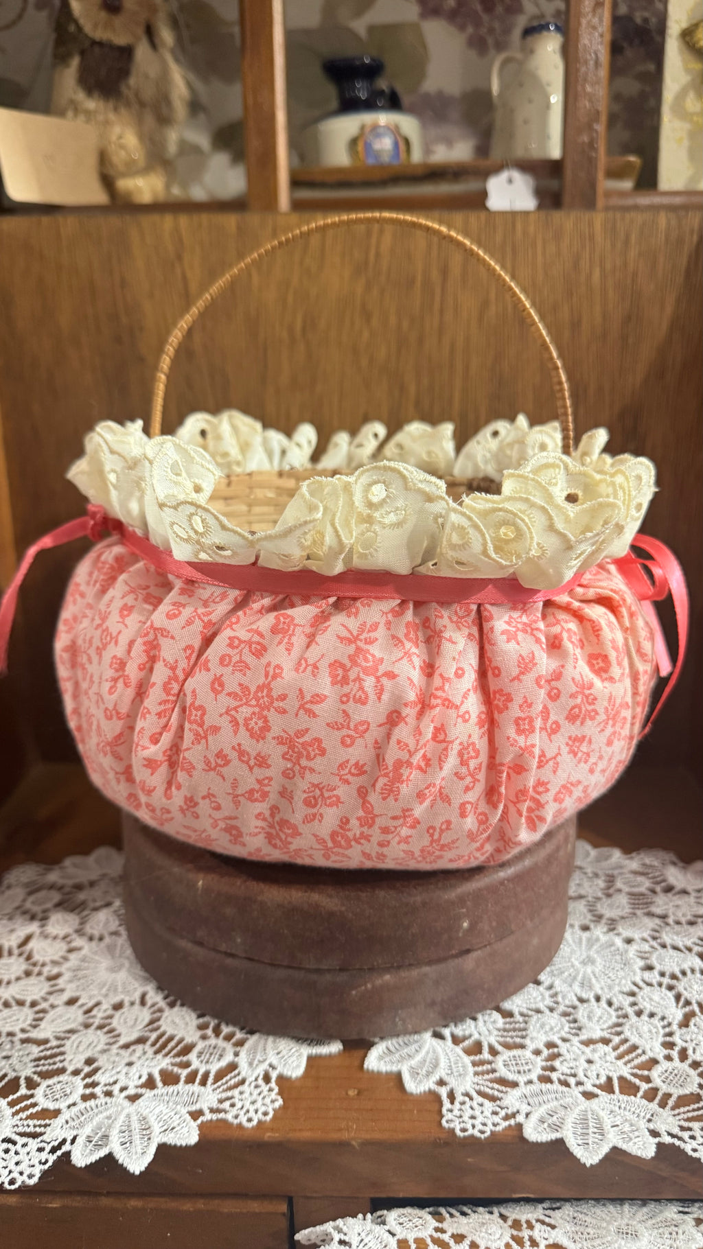 Pink Floral Basket with Cream Eyelet Lace & Ribbon