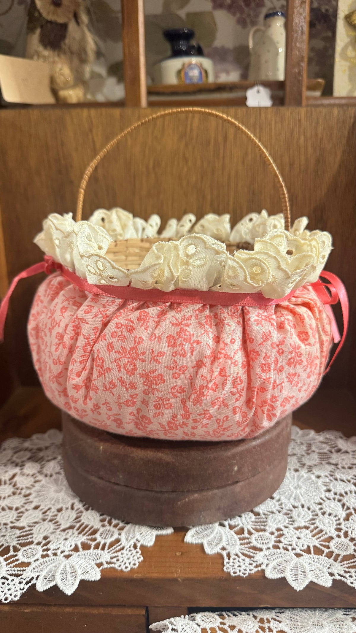 Pink Floral Basket with Cream Eyelet Lace & Ribbon