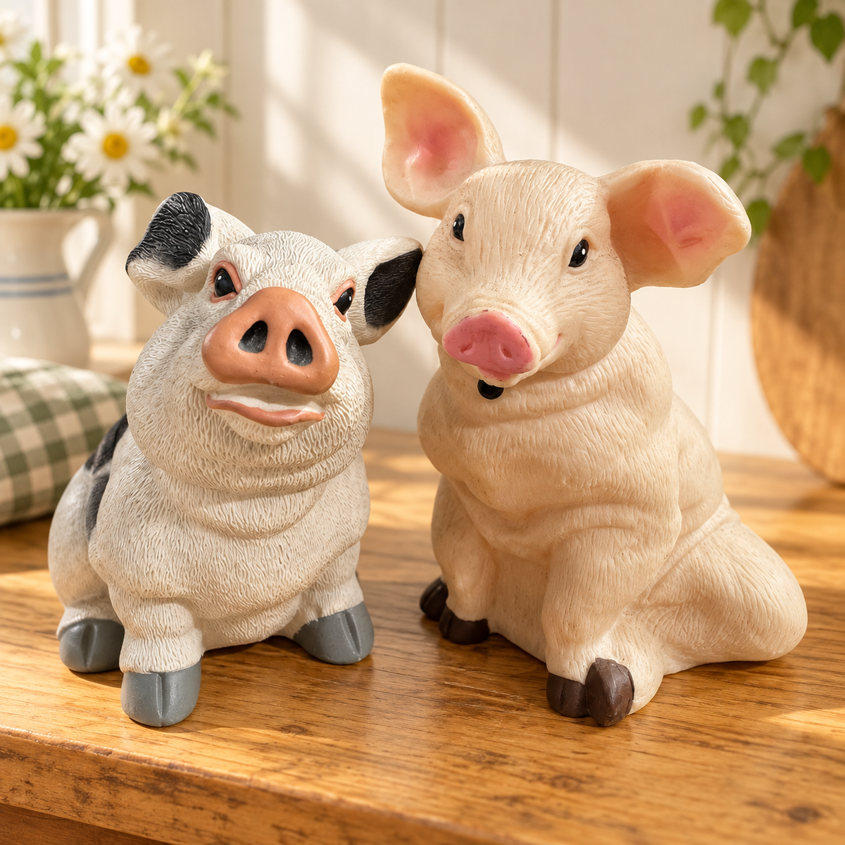 Title: Pair of Sitting Pig Figurines – Farmhouse Décor