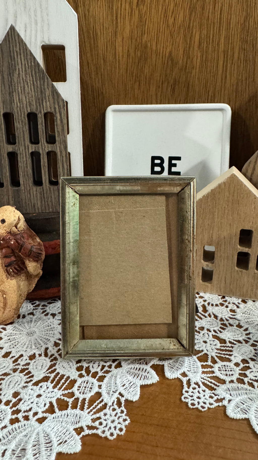 Small Aged Metal Tabletop Picture Frame – Beveled Border