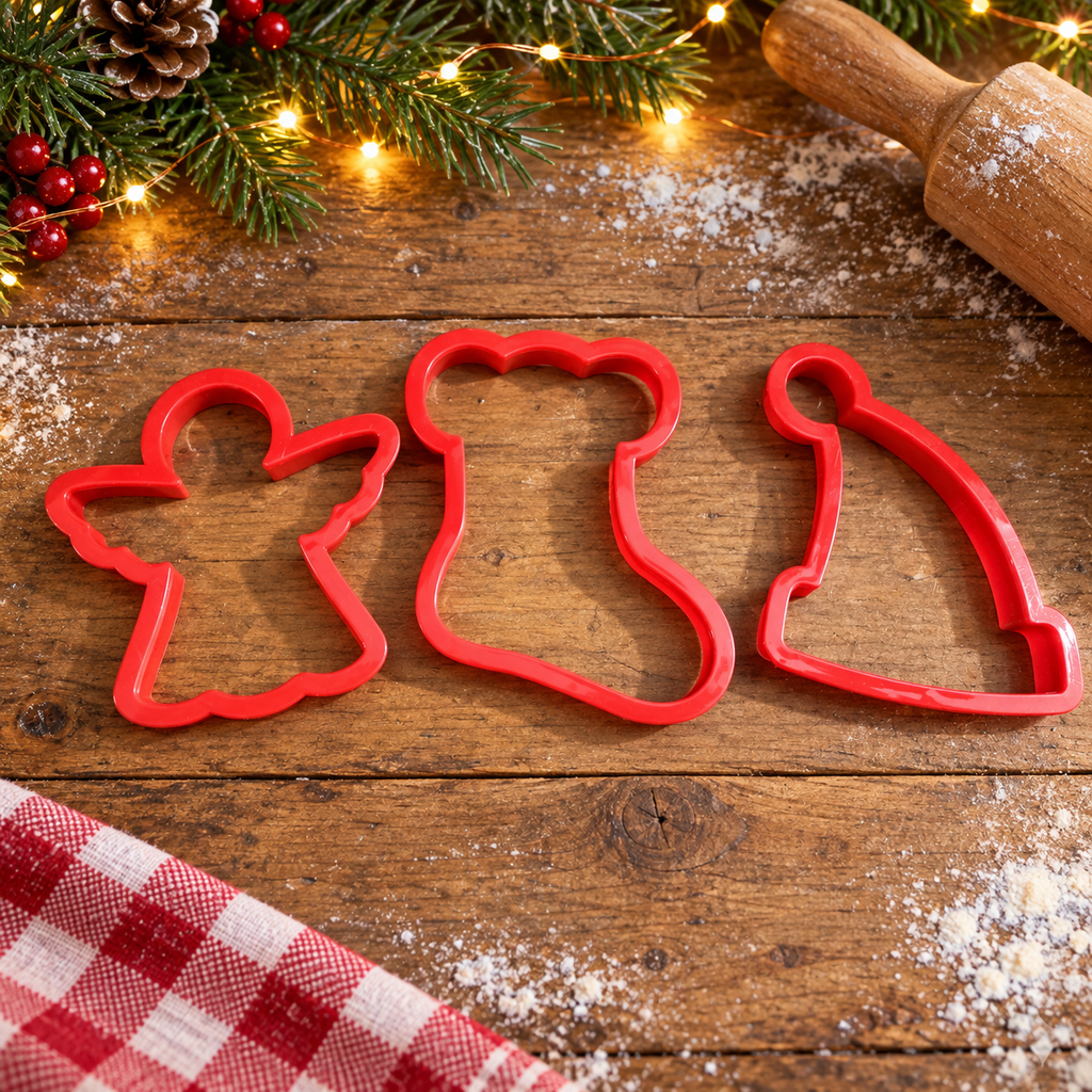3 Red Christmas Cookie Cutters – Angel, Stocking & Santa Hat