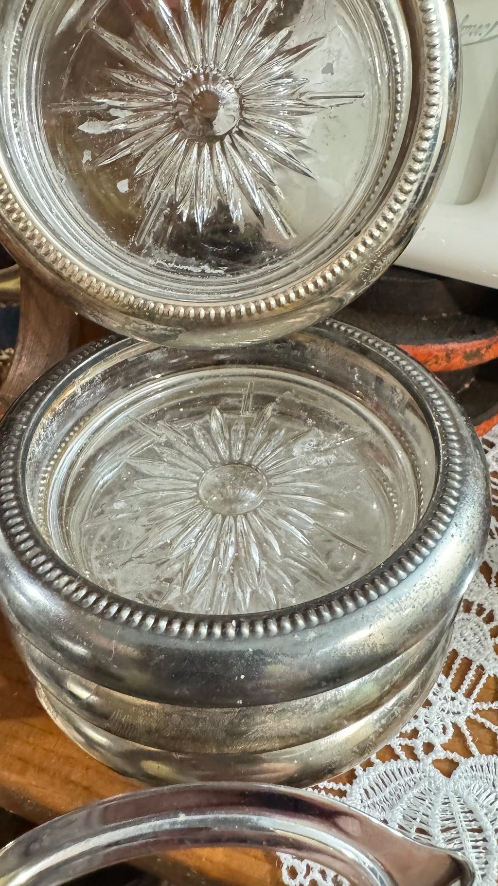 Vintage Leonard Silverplate & Glass Coasters – Set of 5