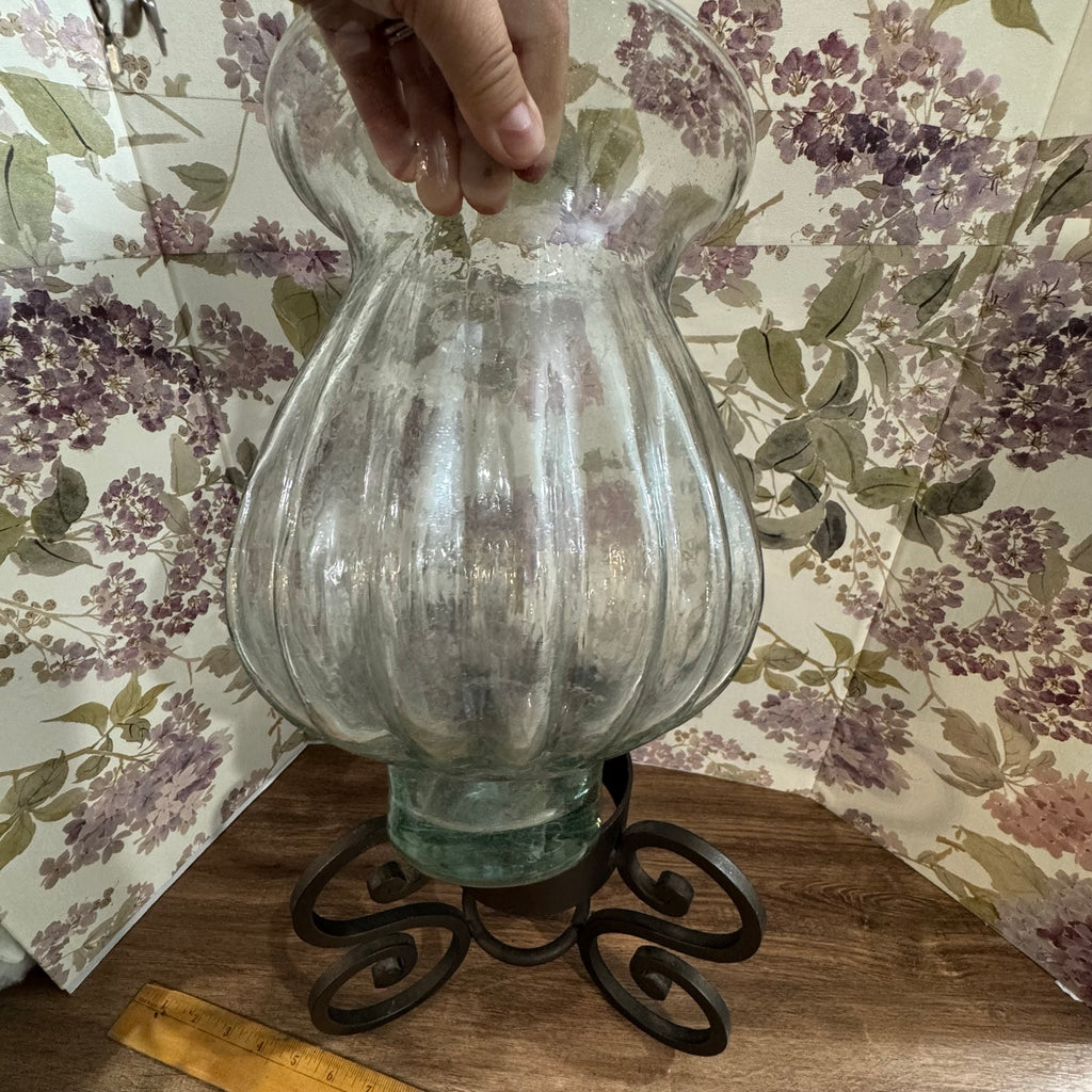 Large Glass Hurricane Vase on Wrought Iron Scroll Stand