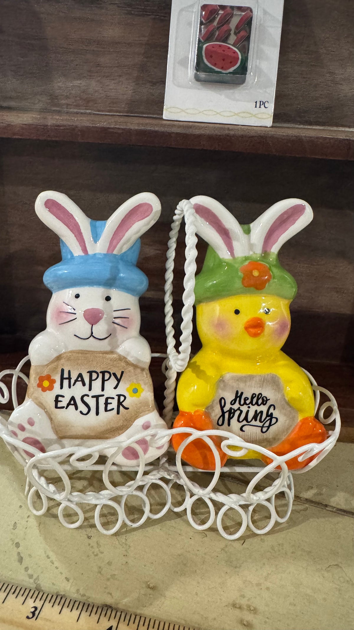 Easter Bunny & Chick Salt and Pepper Shakers with White Wire Basket