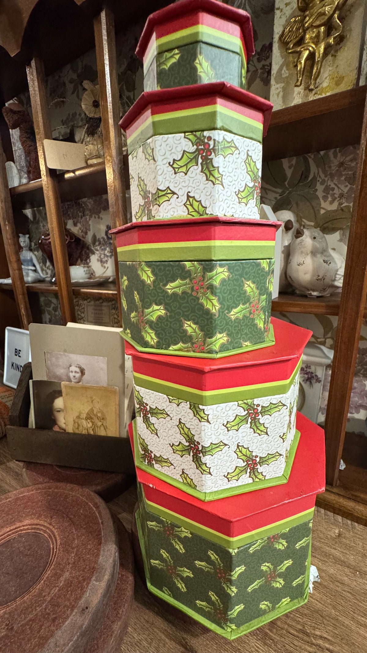 Set of 5 Christmas Holly Nesting Boxes with Lids