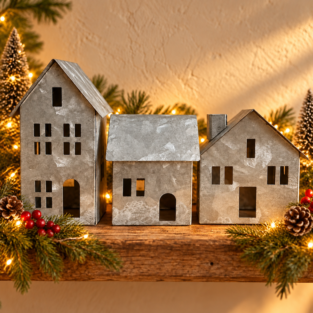 Set of 3 Mini Galvanized Metal Houses – Farmhouse Village Decor