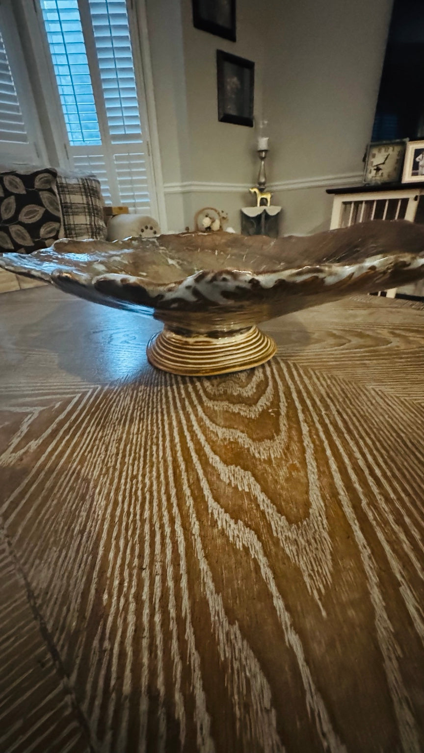 Large Handmade Studio Pottery Leaf Pedestal Bowl – Signed