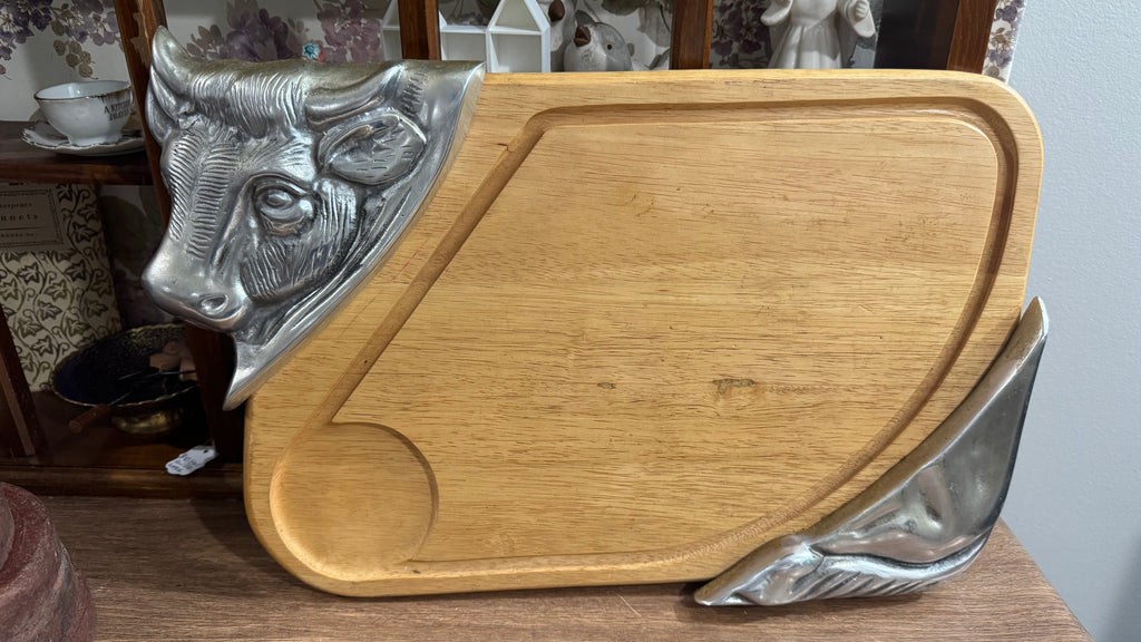 Wood Carving Board with Metal Cow Accents – Farmhouse Serving Board –