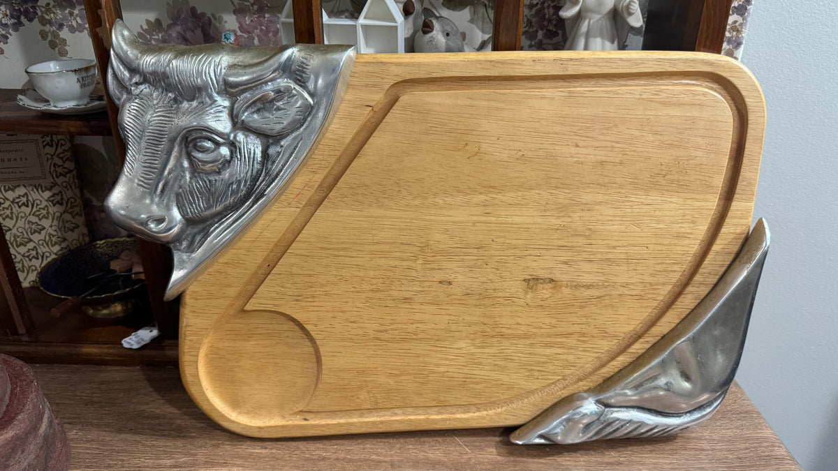 Wood Carving Board with Metal Cow Accents – Farmhouse Serving Board –