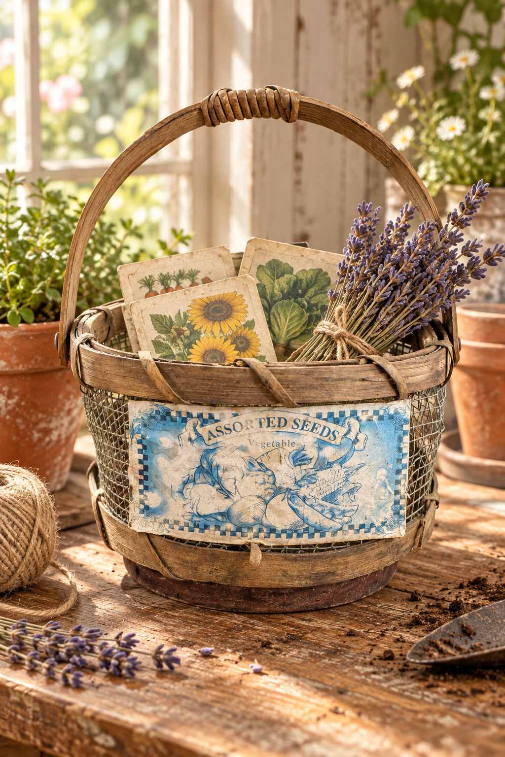Rustic Wood & Wire “Assorted Seeds” Basket – Primitive Farmhouse Décor