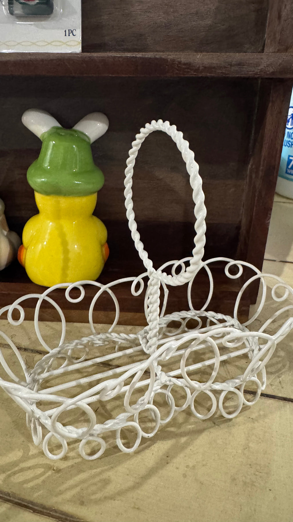 Easter Bunny & Chick Salt and Pepper Shakers with White Wire Basket