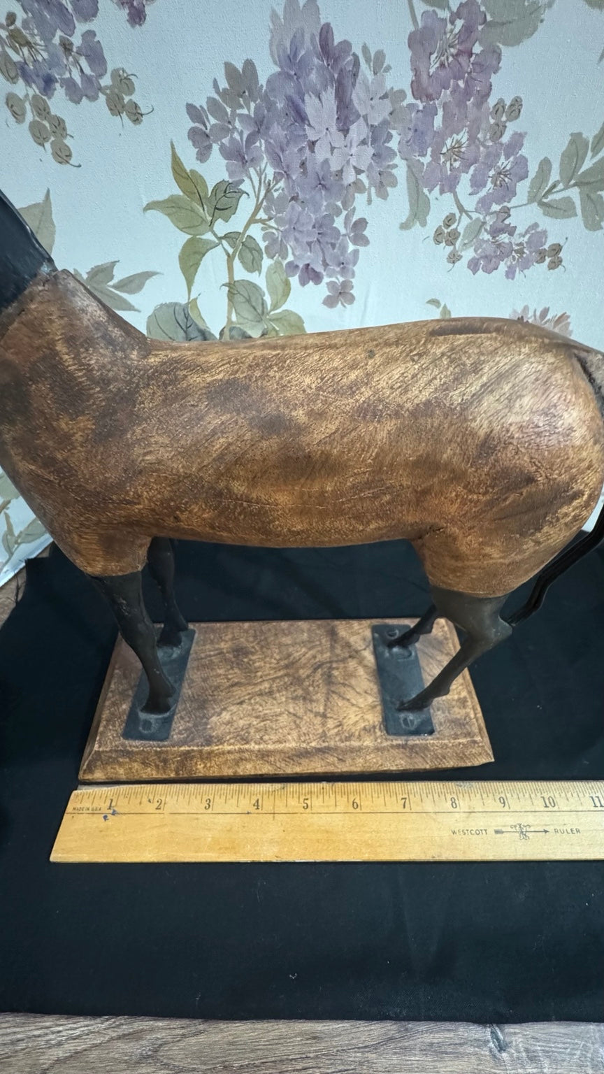 Handcrafted Rustic Wooden Horse Sculpture on Wood Base – 12”
