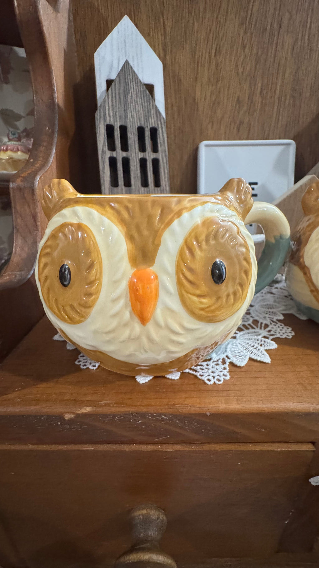 Set of 2 Ceramic Owl Mugs – Brown & Cream with Teal Handles