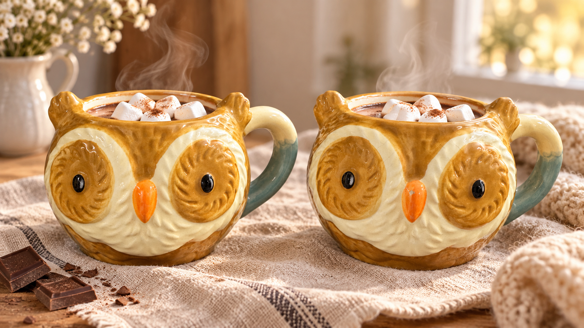 Set of 2 Ceramic Owl Mugs – Brown & Cream with Teal Handles