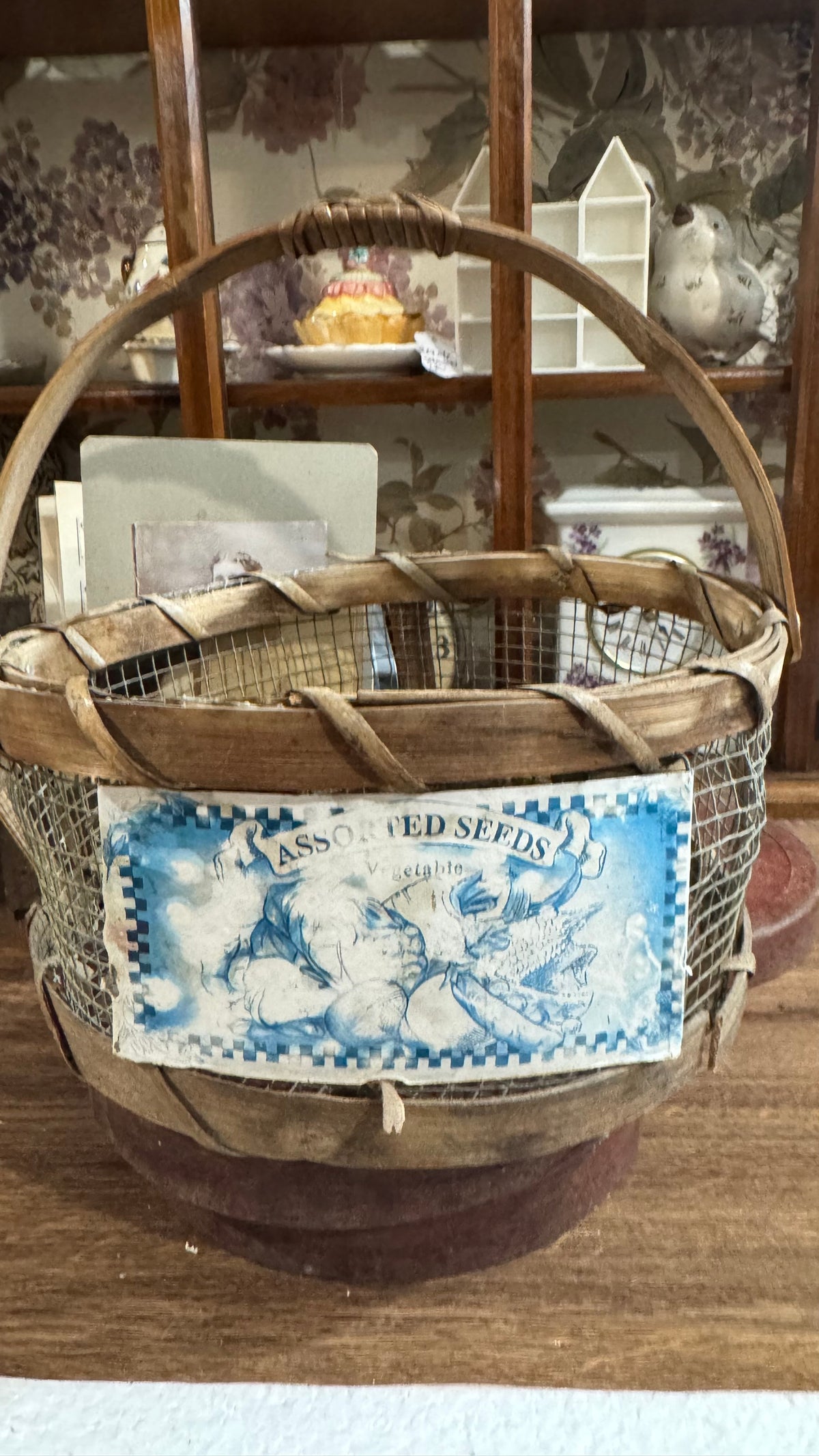 Rustic Wood & Wire “Assorted Seeds” Basket – Primitive Farmhouse Décor
