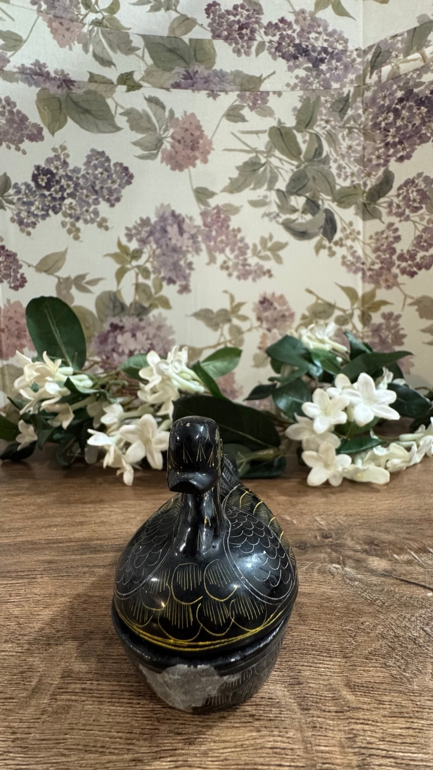 Vintage Hand-Carved Black Soapstone Duck Trinket Box | Etched Lidded Keepsake