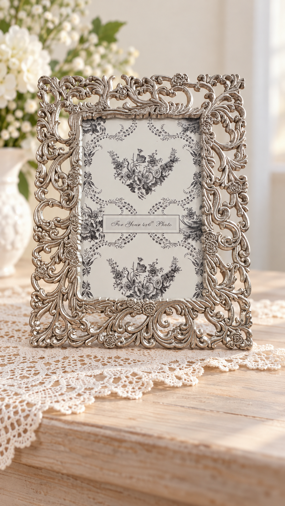 Ornate Silver-Tone Floral Scroll Photo Frame – 4×6 –