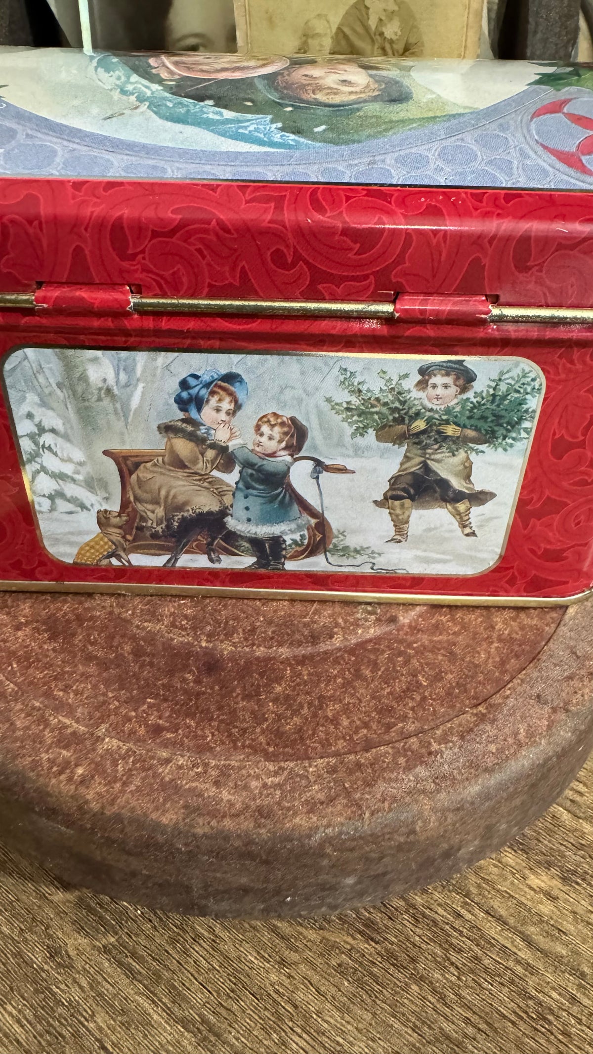 Red Christmas Tin with Victorian-Style Children & Hinged Lid 5x3.5