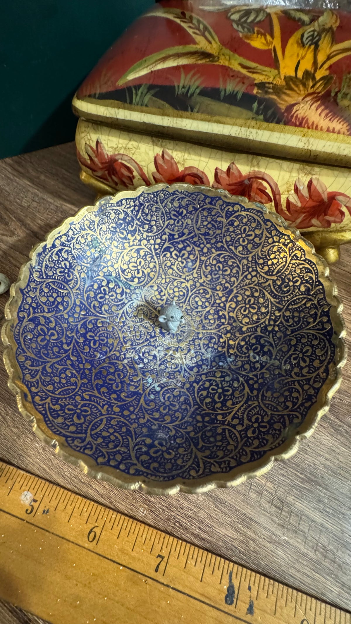 Vintage Blue & Gold Brass Pedestal Bowl – Ornate Floral Design