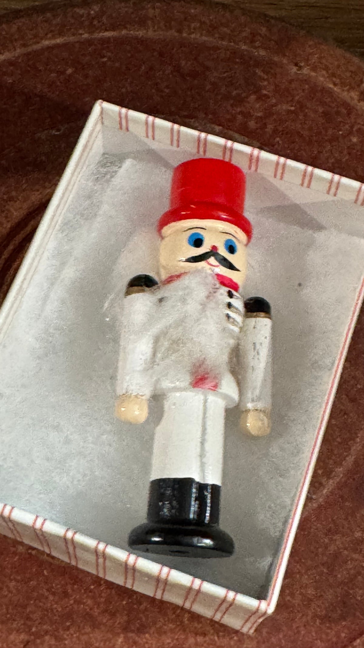 Miniature Wooden Nutcracker Soldier – Red Hat & White Uniform, Box Included