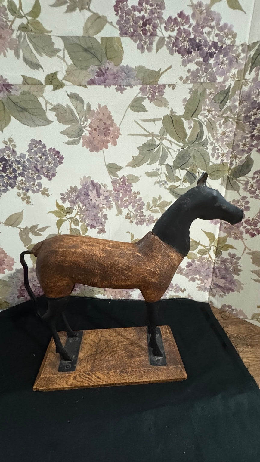 Handcrafted Rustic Wooden Horse Sculpture on Wood Base – 12”