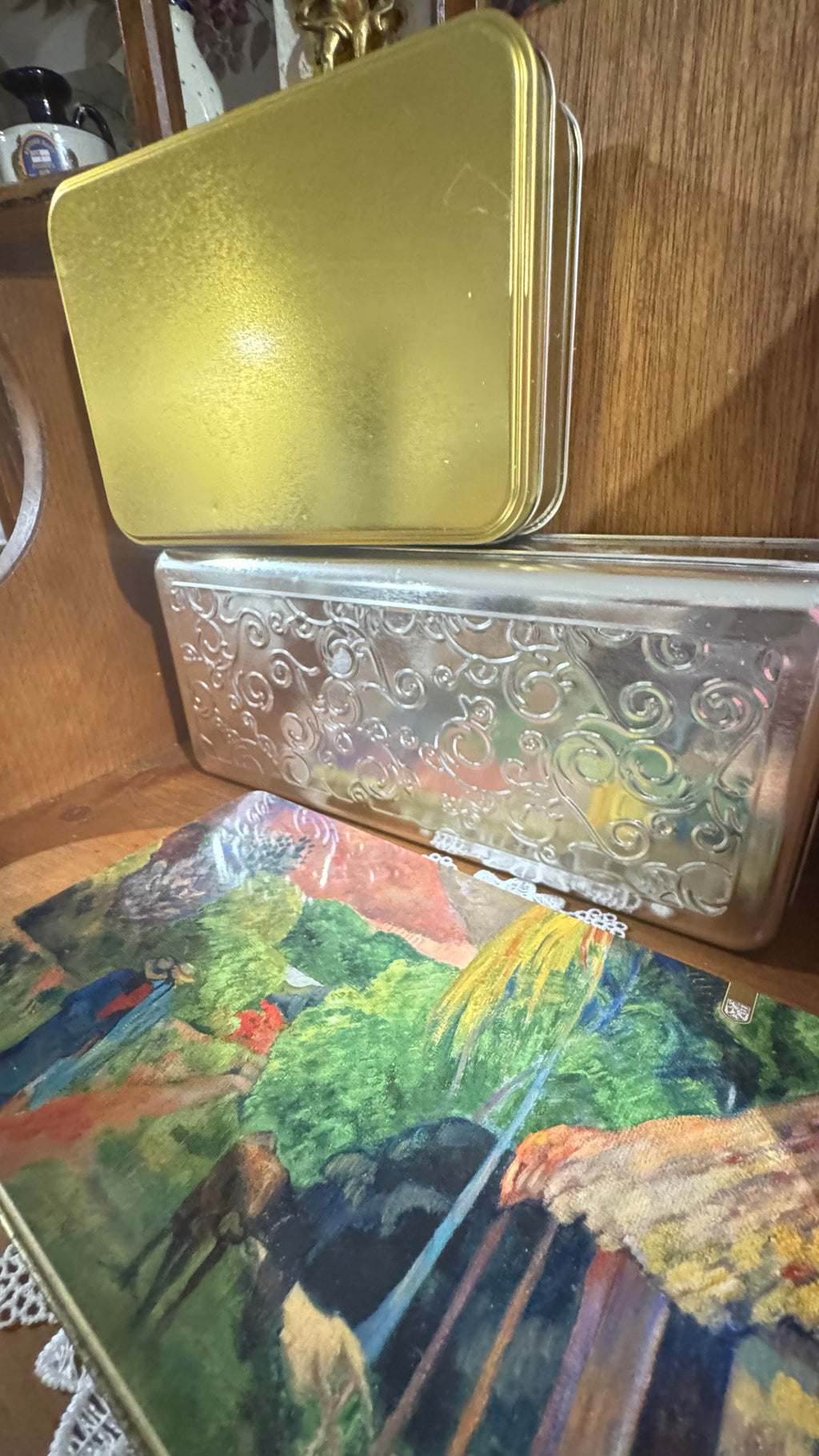 Set of 3 Decorative Metal Tins – Colorful Art, Silver & Gold