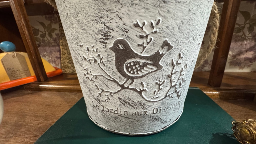 French Country Bird Metal Planter Bucket with Rope Handle