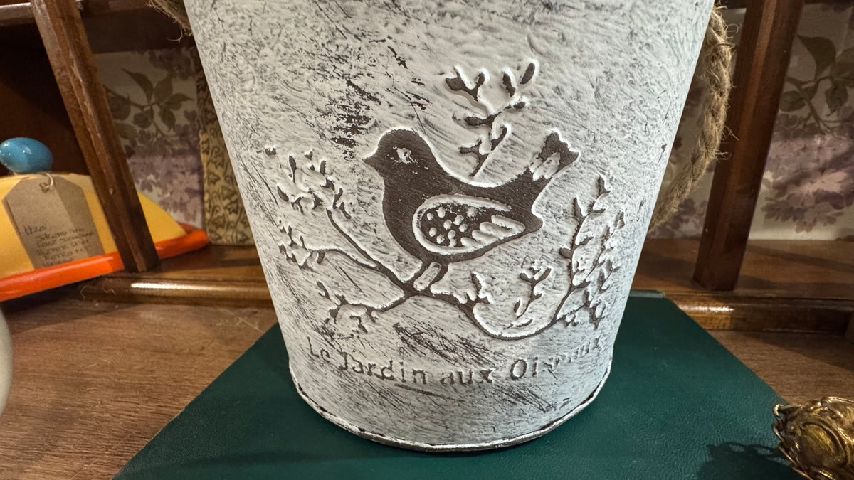 French Country Bird Metal Planter Bucket with Rope Handle