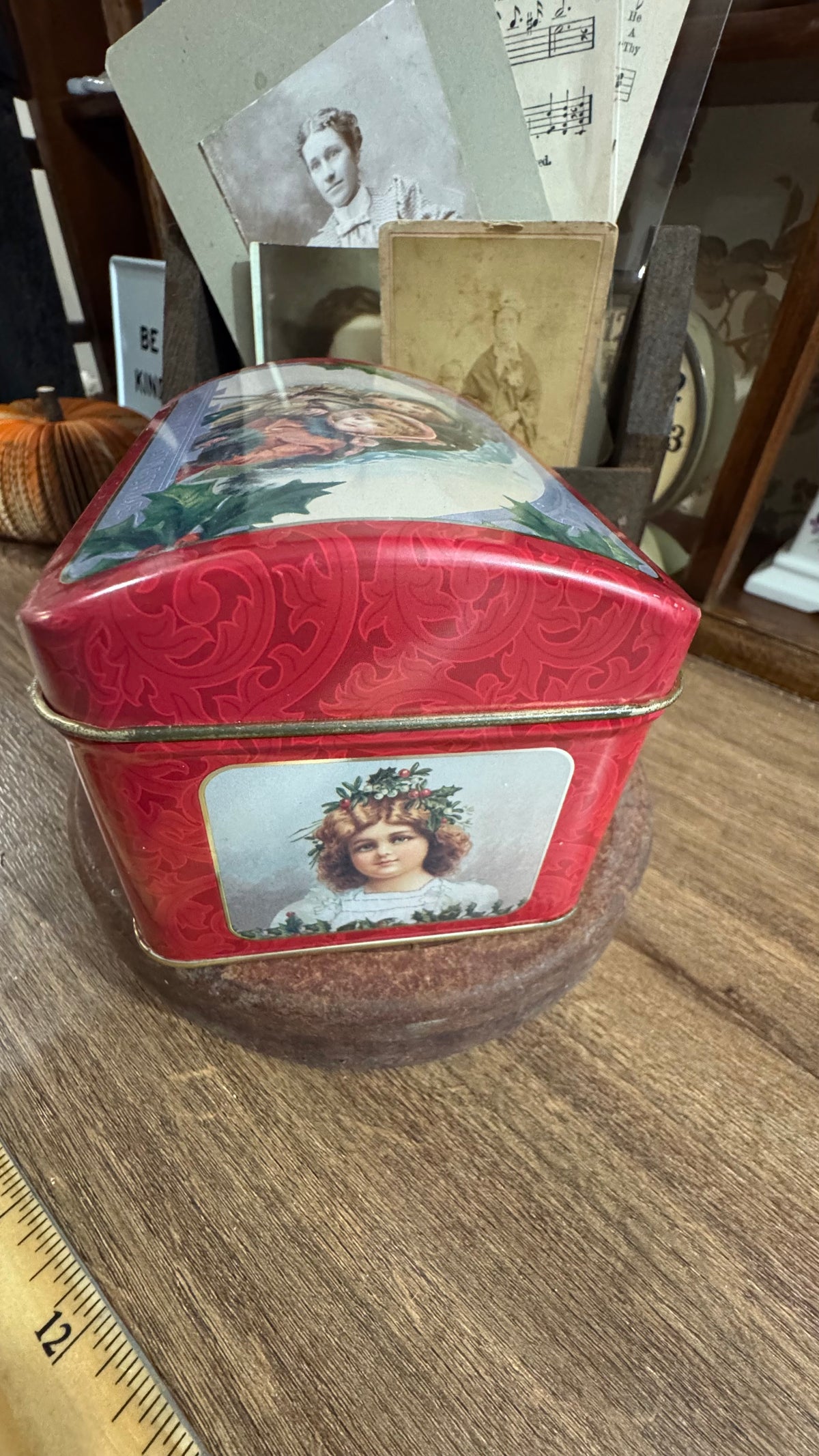 Red Christmas Tin with Victorian-Style Children & Hinged Lid 5x3.5