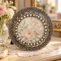 Title: Ornate Round Silver-Tone Faux Pearl Photo Frame – 3½″ Photo