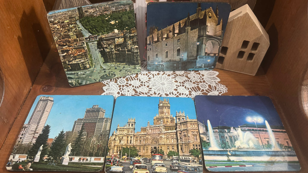 Vintage Madrid Spain Souvenir Coasters – Set of 5 – Red Fabric Backs