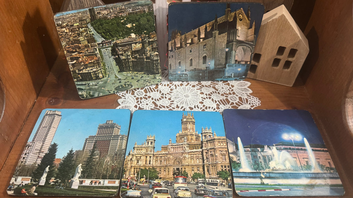 Vintage Madrid Spain Souvenir Coasters – Set of 5 – Red Fabric Backs