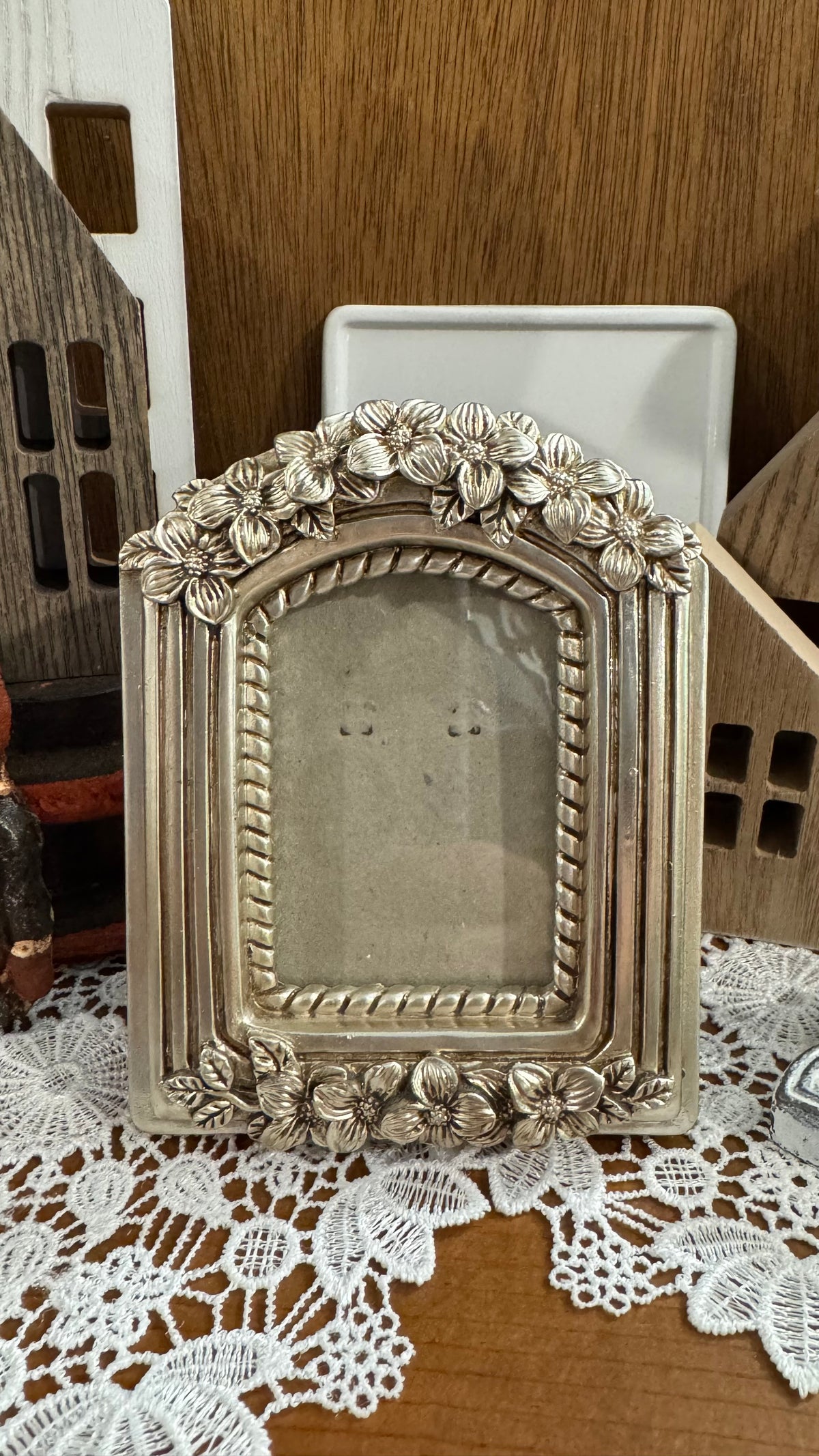 Small Silver-Tone Arched Picture Frame with Raised Floral Details