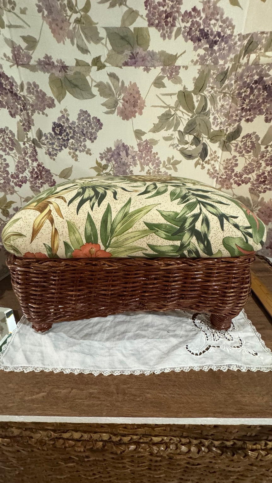 Vintage Wicker Footstool with Original Tropical Botanical Cushion | Rattan Ottoman