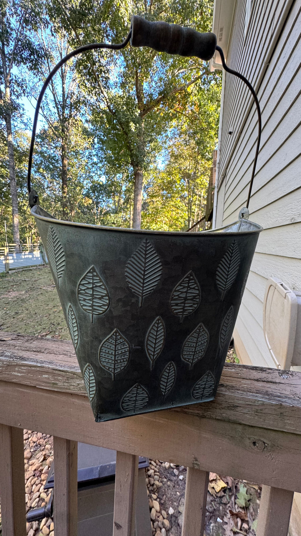 Embossed Leaf Metal Buckets with Wooden Handle Grips – Set of 2