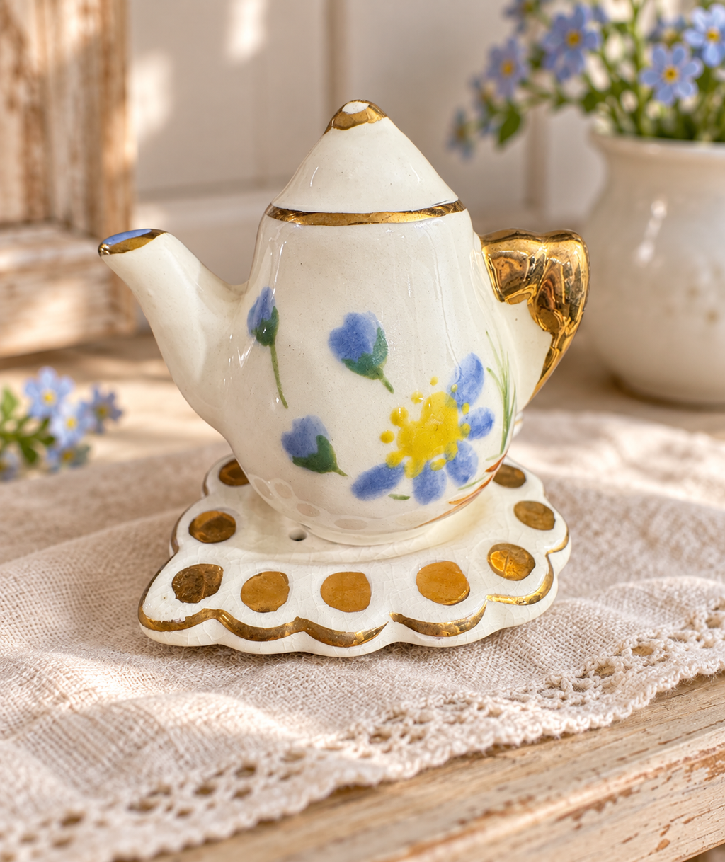 Vintage Poinsettia Studios Teapot & Leaf Salt Pepper Shaker Set Blue Floral Gold