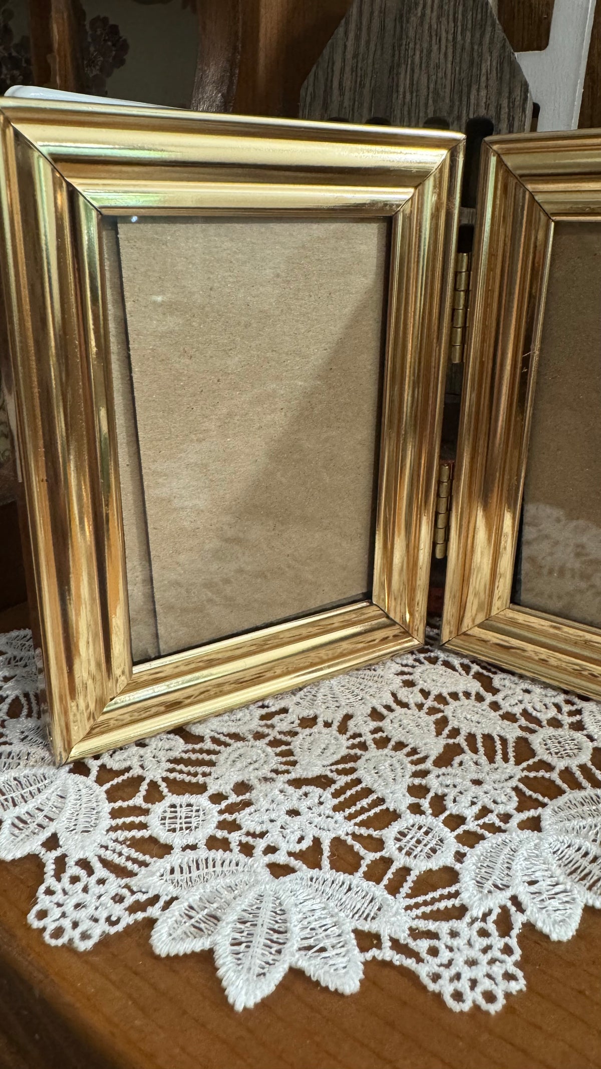 Small Gold-Tone Hinged Double Picture Frame – Tabletop Display