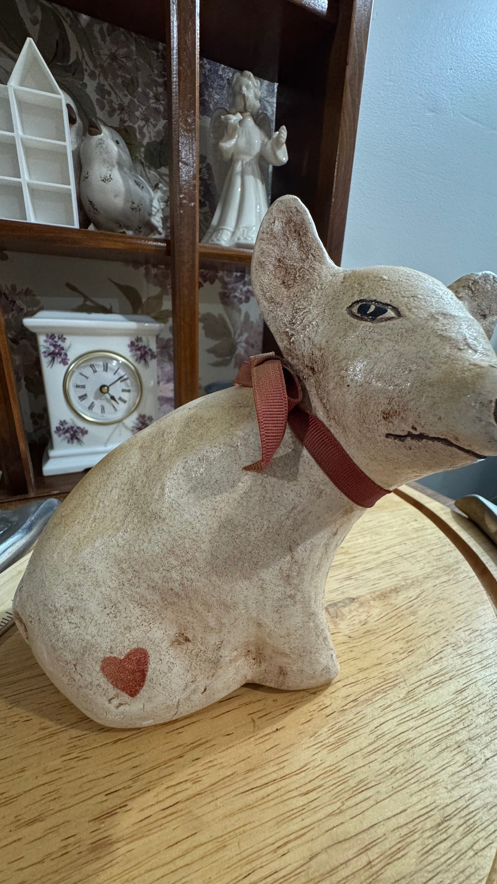 Rustic Sitting Pig Figurine with Red Heart & Bow