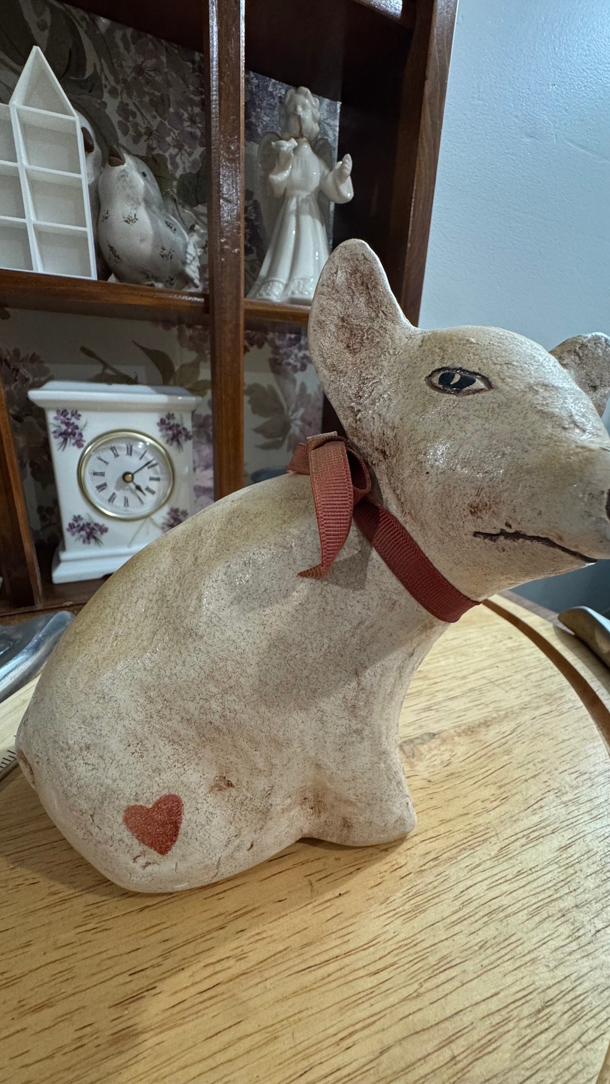 Rustic Sitting Pig Figurine with Red Heart & Bow