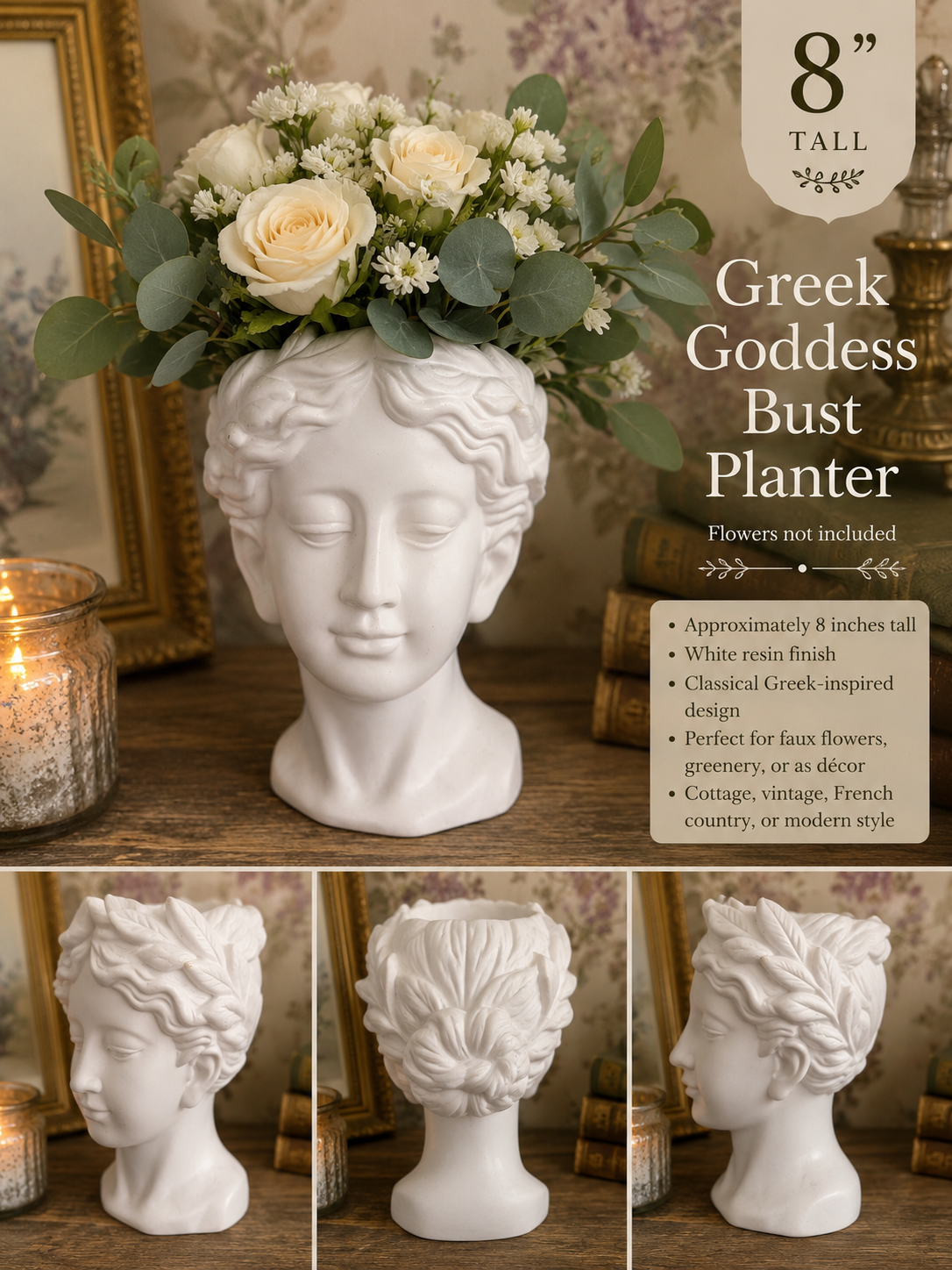 8” Greek Goddess Bust Planter | White Classical Head Vase | Cottage Decor