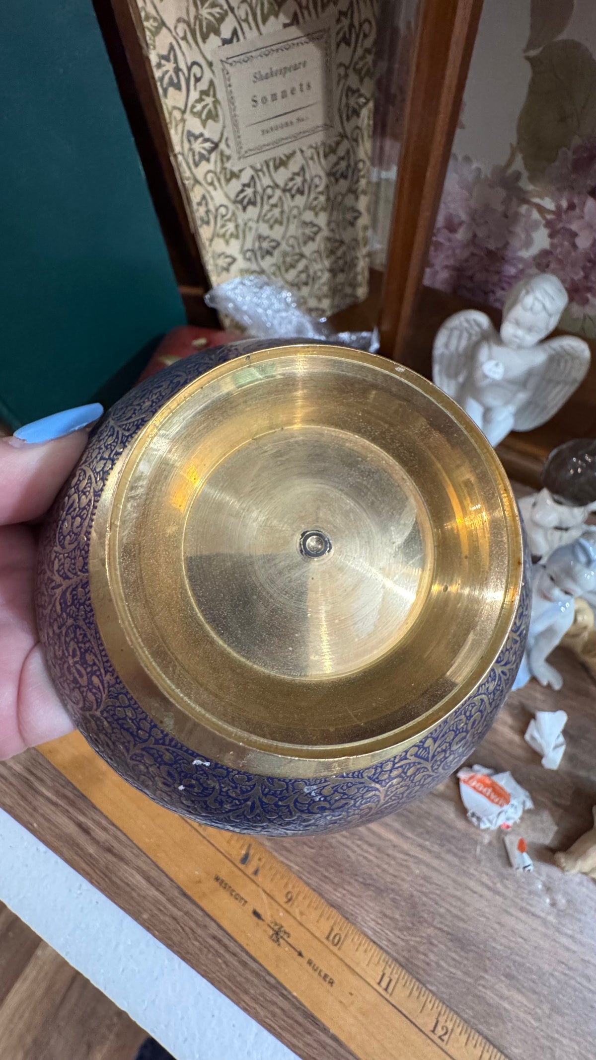 Vintage Blue & Gold Brass Pedestal Bowl – Ornate Floral Design