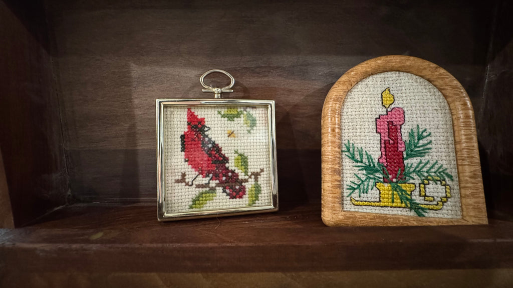 Mini Framed Christmas Cross Stitch Pair – Cardinal & Candle
