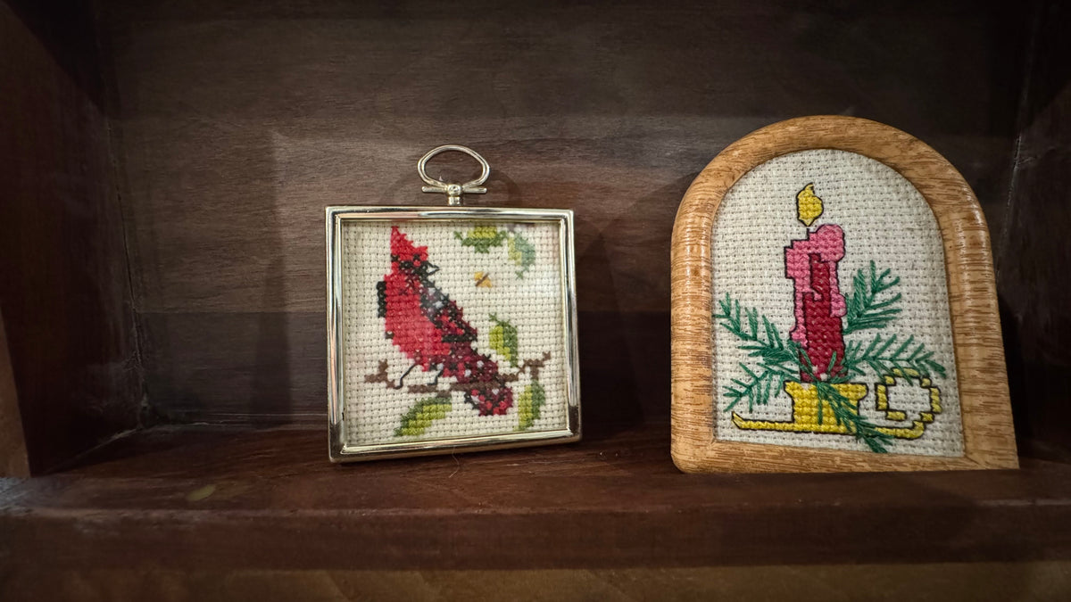 Mini Framed Christmas Cross Stitch Pair – Cardinal & Candle