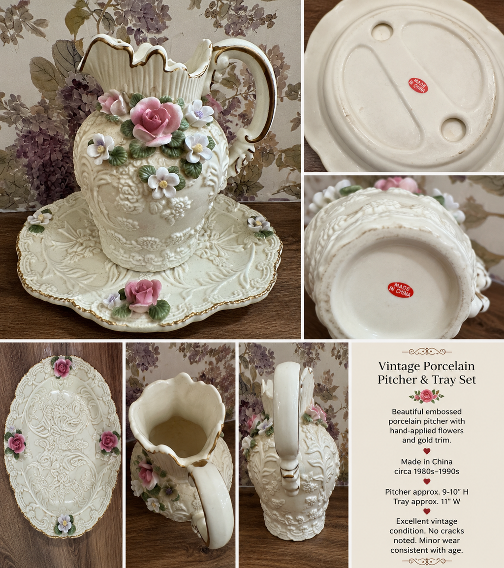 Vintage Porcelain Floral Pitcher & Tray Set – Roses & Gold Trim