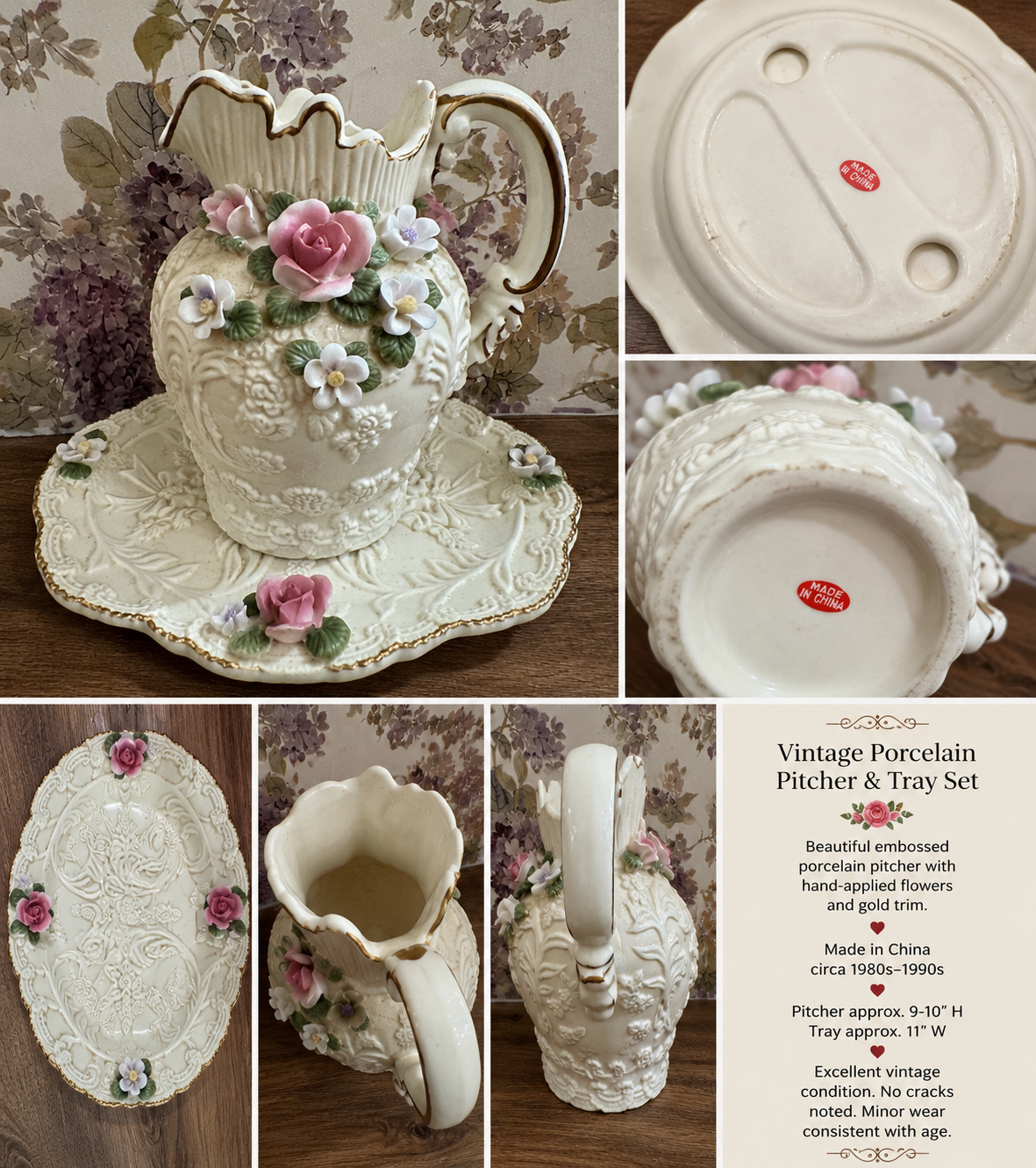 Vintage Porcelain Floral Pitcher & Tray Set – Roses & Gold Trim