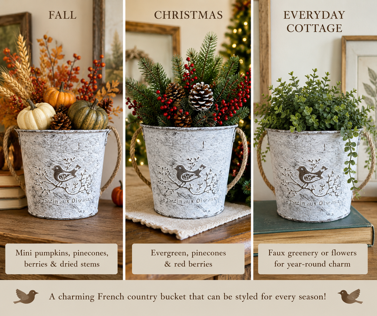 French Country Bird Metal Planter Bucket with Rope Handle