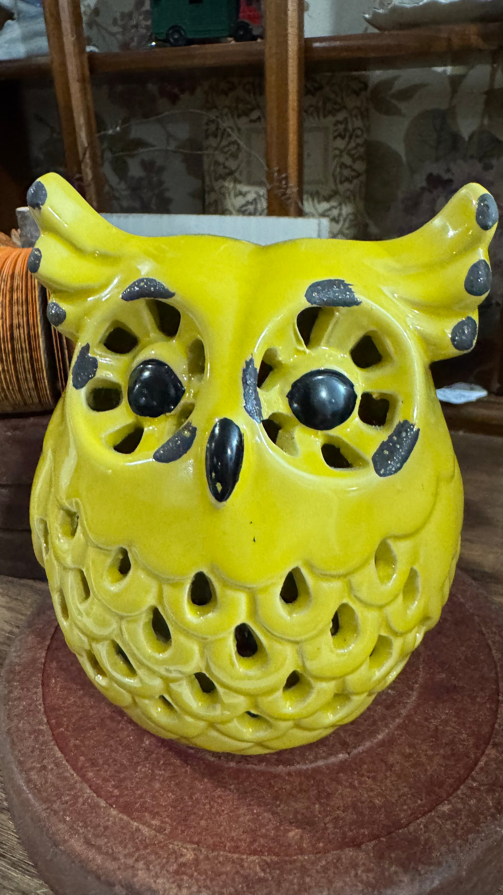 Yellow Ceramic Owl Decor with Cutout Feathers