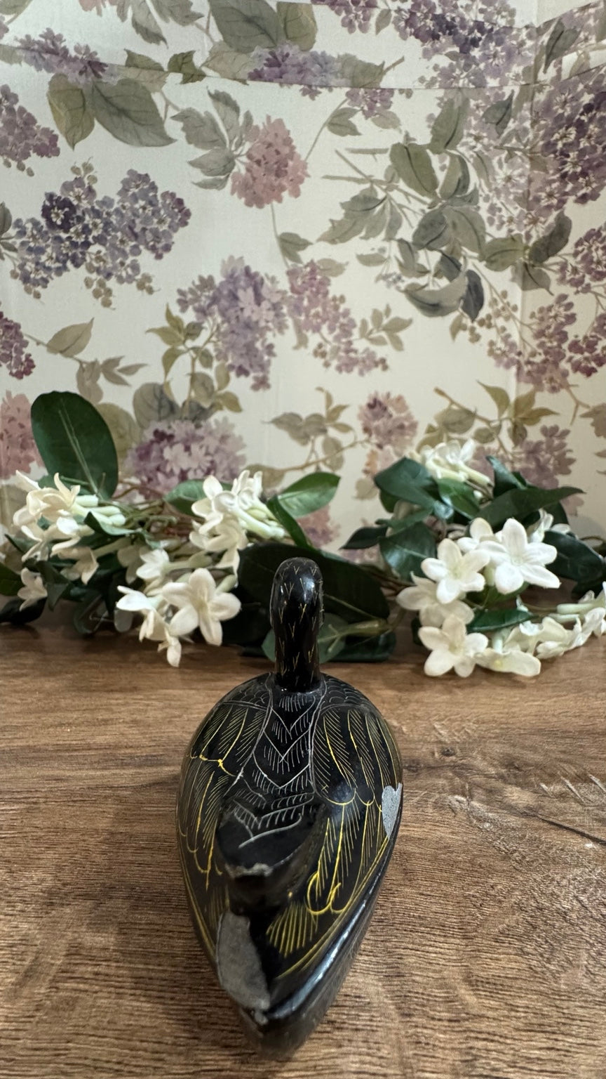 Vintage Hand-Carved Black Soapstone Duck Trinket Box | Etched Lidded Keepsake