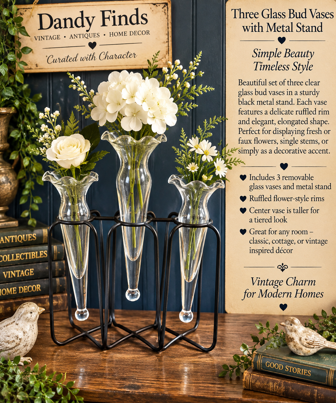 3 Glass Bud Vases with Black Metal Stand – Ruffled Flower Design