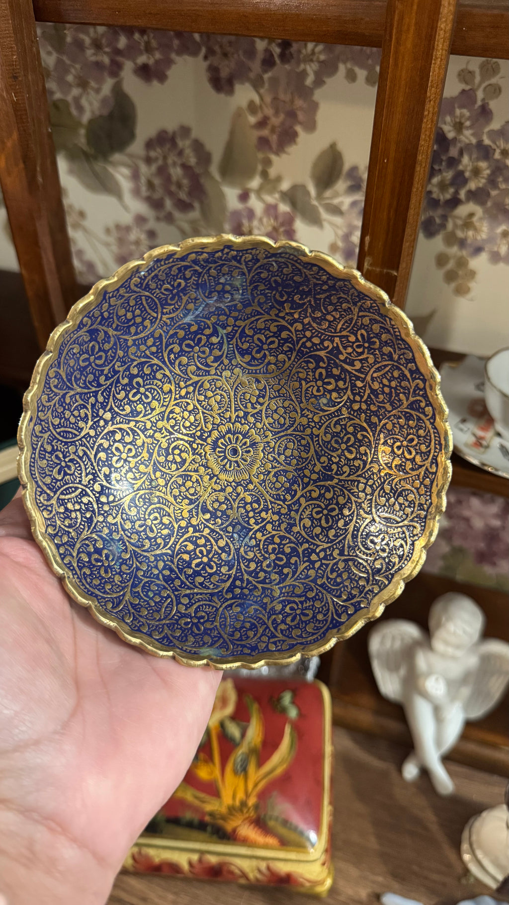 Vintage Blue & Gold Brass Pedestal Bowl – Ornate Floral Design